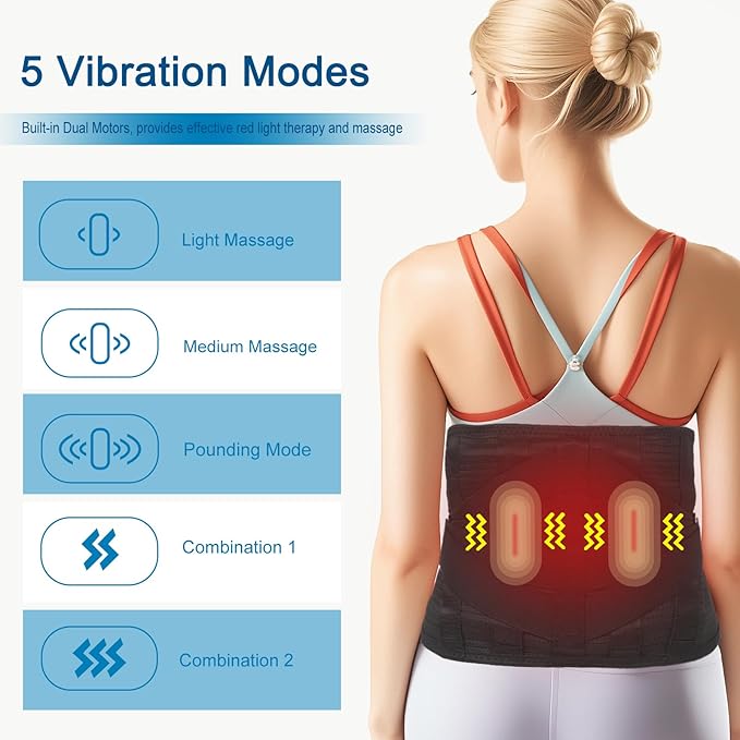 Lower Back Massager Belt with Red Light Heating Therapy, Cordless Heating Pad for Back, Rechargeable 5000 mAh Battery, Heated Back Brace Warmer Belt for Back Pain Relief,M