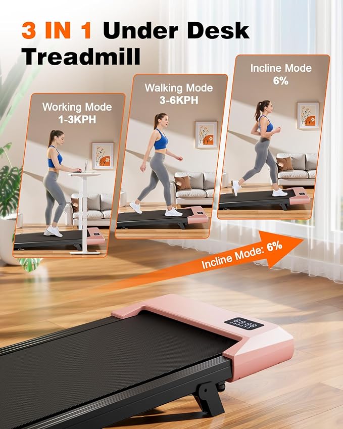 DeerRun Walking Pad Treadmill with 6% Manual Incline, Under Desk Treadmill for Home Office & Small Spaces, 0.6–3.8 MPH, 2.5 HP, 300 lb Capacity, App & Remote Control