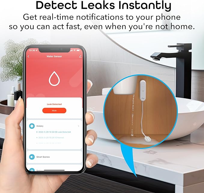 Geeni Smart Water Alarm Leak Detector with Siren - 80dB Alarm with App Alerts for Monitoring Kitchen, Bathroom, Basement Flood, Battery-Powered WiFi Moisture Sensor Alexa, Google Home Compatible