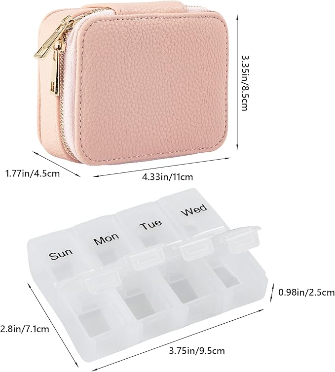 Weekly Pill Organizers, Portable Pill Case with Removable Pill Sorter, Travel Pill Organizer 7 Day,Leather Vitamin Box, Medicine Dispenser, Daily Pill Box Travel Case. (Pink)