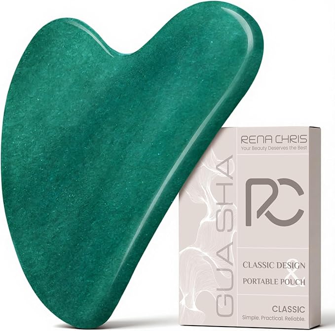 Rena Chris Gua Sha Facial Tools: Jade Stone Guasha Tool for Face Acupuncture Therapy, Facial Massager for Jawline Sculpting and Puffiness Reducing (Green)