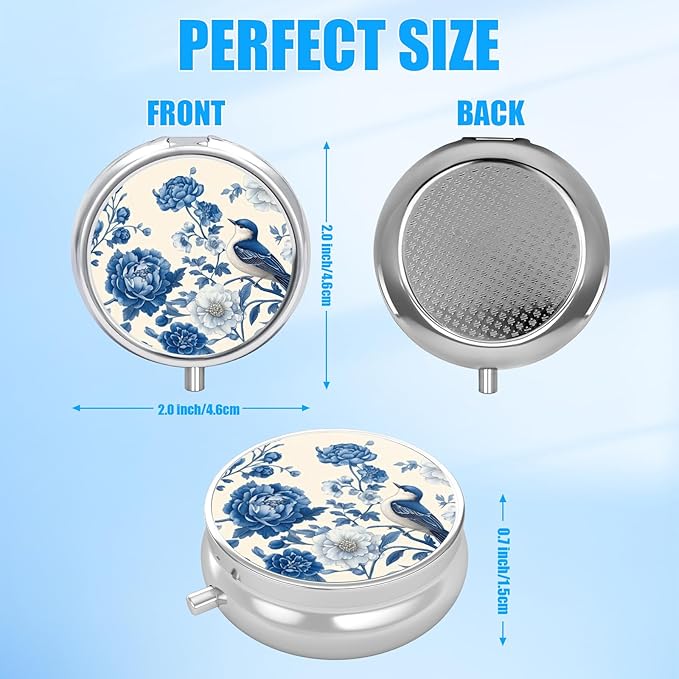 Blue Bird Blooming Flower Pill Case, Pill Box 3 Compartments Metal Small Pill Holder with Mirror Mini Travel Pill Container for Purse Pocket Women Men