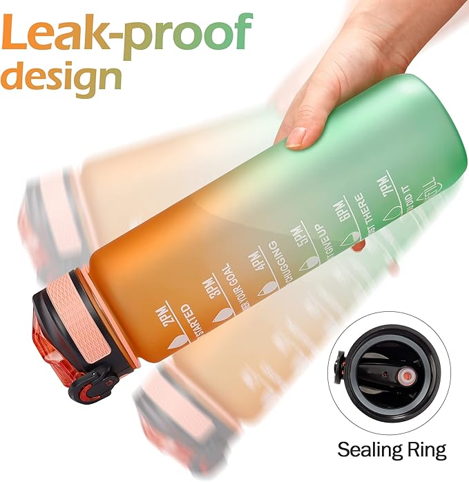 Motivational Water Bottle with Time Marker - 32oz, Leak-proof BPA Free Sports Water Bottles with Straw & Carrying Strap