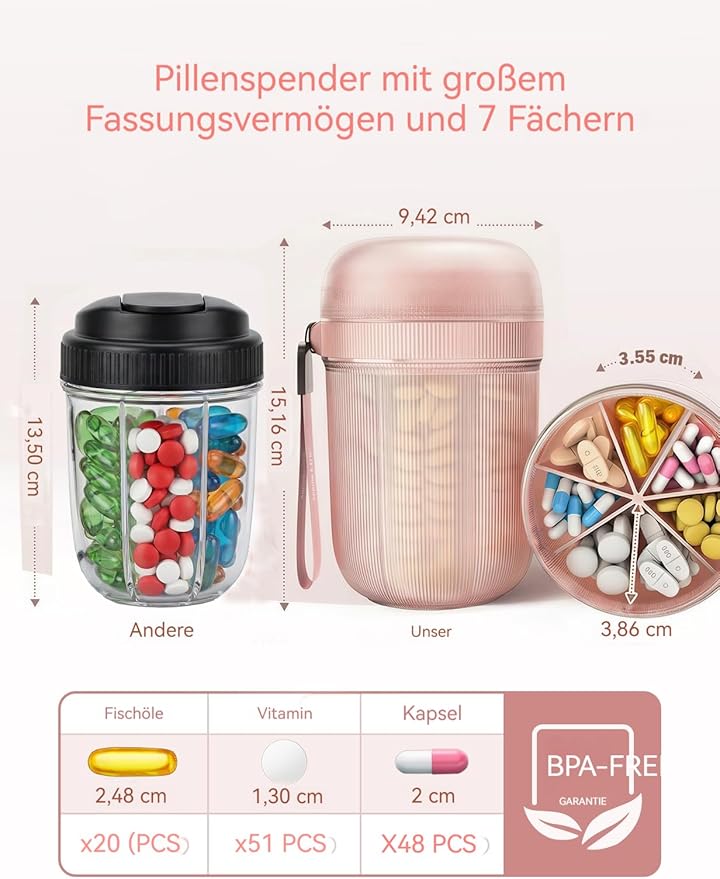 Large Pill Organizer with 7 Large Compartments,Pill Dispenser with Desiccant to Keep Medicines Fresh,Pill Bottle Organizer | Anti-Mixing | Light-Proof | Touch-Free,BPA-Free Vitamin Organizer,Rose Gold