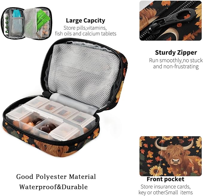 Fustylead Brown Highland Cow Sunflowers Pumpkins and Falling Leaves Pill Organizer Travel Bag, Small Portable Pill Case Cute for Vitamin Fish Oil Supplements Medicine Organizer with Zipper