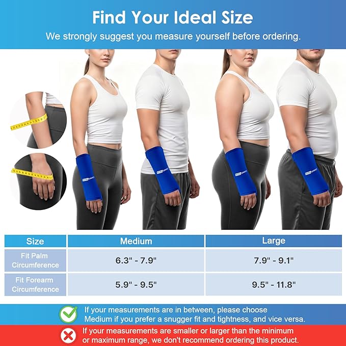 ComfiTECH Wrist Ice Pack Wrap 2 Pack, Flexible Hand Ice Pack for Carpal Tunnel, Thumb & Forearm, Reusable Gel Cold Sleeve with Adjustable Strap for Comfort and Support, Blue, Medium