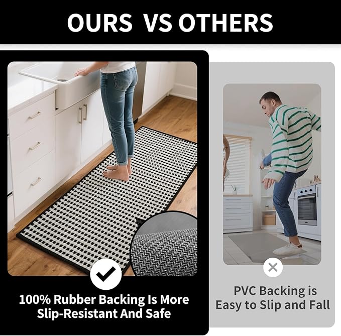 Kitchen Mat Kitchen Rugs Sets of 2 PCS Non Slip Washable, Super Absorbent Soft Braided Kitchen Mats for Floor, Rubber Backing Comfort Standing Kitchen Sink Mat Runner Rug, Black 17"x28"+17"x59"