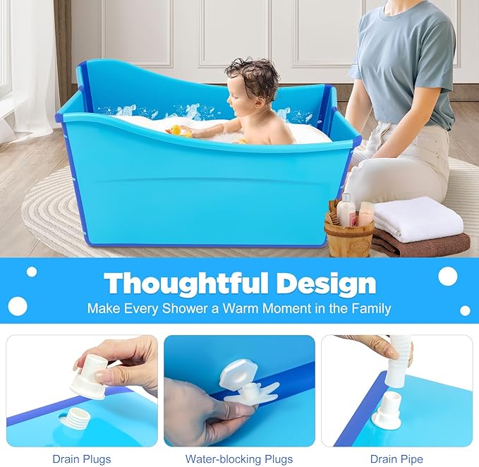 Large Home Foldable Bathtub, Blue Portable Ice Soaking Bath Tub for Adult in Bathroom, Freestanding Tub with 3.6ft Drain Hose & Drain Plug