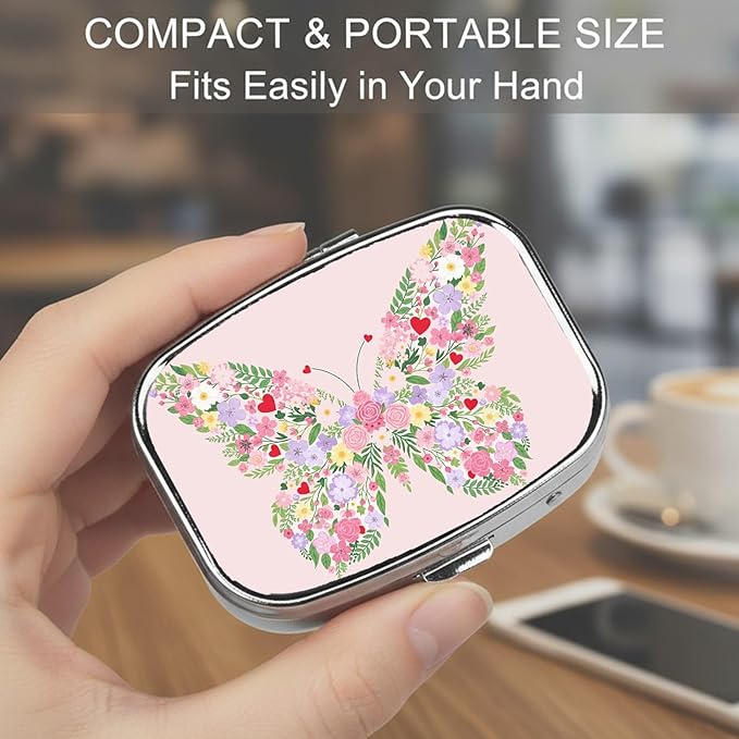 Square Pill Case Small Pill Box with Mirror Pocket 2 Compartment Vitamin Pill Medicine Case Organizer Pill Containers for Traveling Flowers Form Butterfly