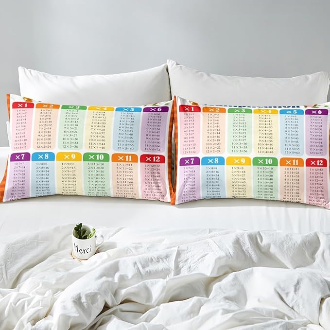 Multiplication Bed Sheet Set Queen, Math Games Fitted Sheet for Kids Educational Bedding Set Learning Time Bed Cover Lightweight Bed Set (No Flat Sheet)