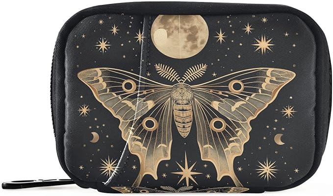 Moth Moon Pill Organizer Travel Bag Compact Twill Pouch with Insert Box & Elastic Slots for Daily Medication Gym & Hotel Use