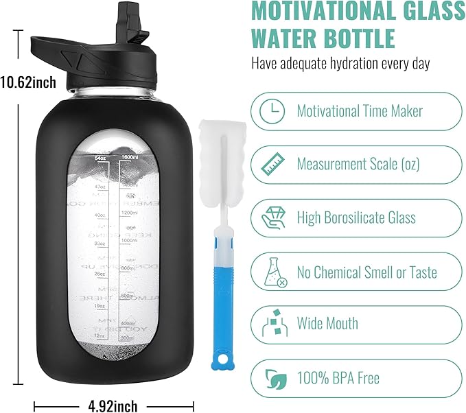 CIVAGO 64 oz Glass Water Bottle Jug with Straw and Handle, Half Gallon Sports Motivational Water Bottle with Time Marker, Wide Mouth Water Flask Canteen with Silicone Sleeve for Gym, Lilac