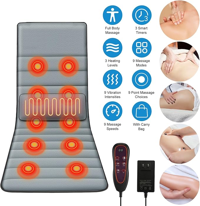 Full Body Massage Mat Electric Pad Cushion Heat Vibration Massage Pad with 10 Vibration Motors 3 Timers Inflatable Head Pillow Relax for Back Head Lumbar