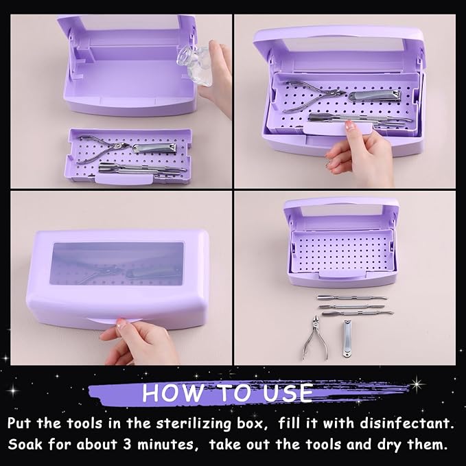 Nail Tool Sterilizer Box Plastic Disinfectant Container for Nail Art Accessories Tools, Sterilizer Soaking Box with Strainer Pedicure Manicure Cleaning Equipment, Purple
