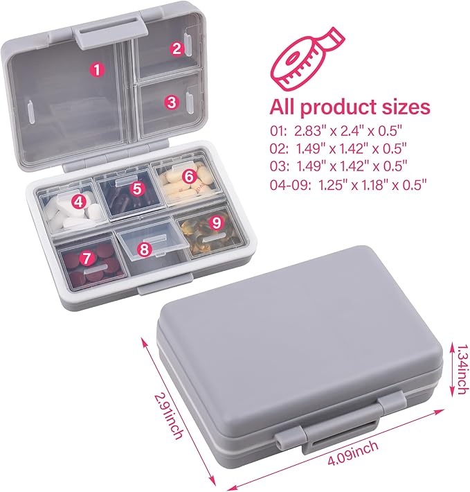 9-Grid Pill Organizer,Portable Pill Box,Large Capacity Compartments,Travel Pill Container,Medicine Dispenser,Pill Purse,Pill Case for Vitamins, Fish Oils or Supplements（Grey）