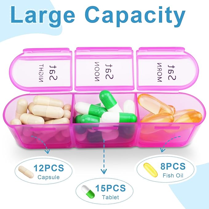 Cruxer Weekly Pill Box Organiser 7 Day 3 Times, Daily Portable Travel Pill Boxes, Medicine Storage Box, Pill Dispenser 7 Day 3 Compartments, Tablet Organiser to Hold Vitamins, Fish Oil, Supplements