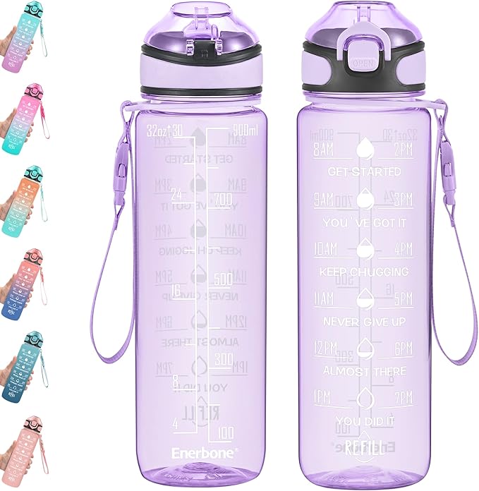 Enerbone 32 oz Water Bottle with Times to Drink and Straw, Motivational Drinking Water Bottles with Carrying Strap, Leakproof BPA & Toxic Free, Ensure You Drink Enough Water for Fitness Gym Outdoor