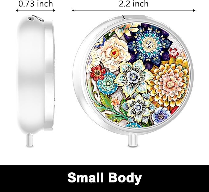 Rouidr Pill Box, 3 Compartment Medicine Pill Case, Small Metal Travel Medicine Box for Purse & Pocket, Silver, Mandala Flower