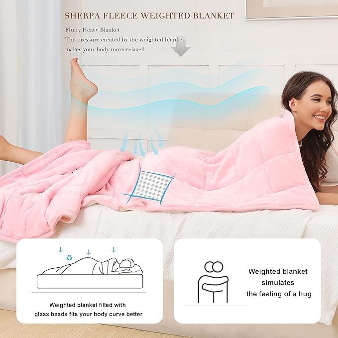 Alomidds Weighted Blanket Twin Size 20lbs 48x72 inches, Sherpa Weighted Blankets for Adults,Fluffy Warm Sherpa & Cozy Soft Flannel Snuggle Thick Heavy Blanket Great for Calming and Relaxing, Pink