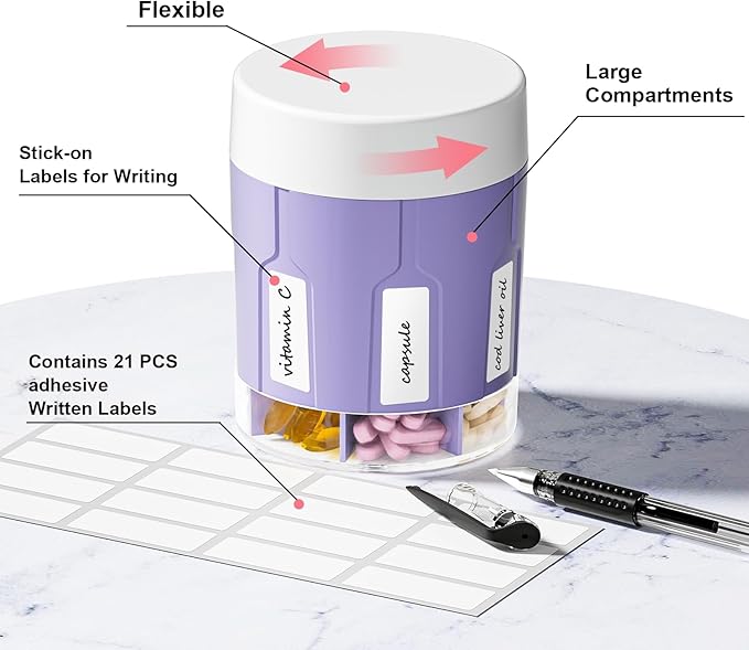 Betife Extra Large Supplement Organizer,Weekly Pill Organizer Bottle, Daily Pill Dispenser with 7 Large Compartments, Organizer to Hold 7 Day Vitamin Medication,21 labels and a cleaning brush (Purple)