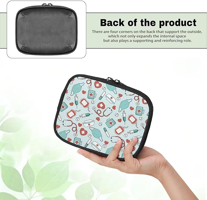 Medical Heart Print Travel Medicine Case Compact Travel Pill Organizer Box with Zipper Weekly Vitamin Storage Bag Mini Supplement Holder
