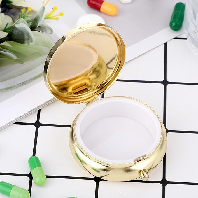 Pill Box Cute Small Pill Box for Purse & Pocket Medicine Organizer Travel Pillbox Waterproof Pill Case Metal Pill Container Holder for Vitamins, Fish Oil, Supplements(Gold)