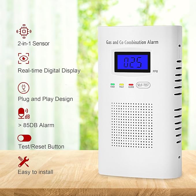 Combination Natural Gas Detector & Carbon Monoxide Detector, Plug in Carbon Monoxide Alarm & Propane Detector,Methane,with Backup 9V Battery Feature, Digital Display for Home, Apartment, RV