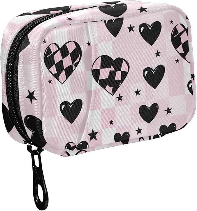 Fustylead Cute Pink and Black Heart with Checkered Design Travel Pill Organizer Bag with Zipper Small Pill Box 7 Day Pill Case for Purse Storage Weekly Vitamin Medicine Supplement