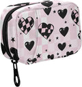 Fustylead Cute Pink and Black Heart with Checkered Design Travel Pill Organizer Bag with Zipper Small Pill Box 7 Day Pill Case for Purse Storage Weekly Vitamin Medicine Supplement