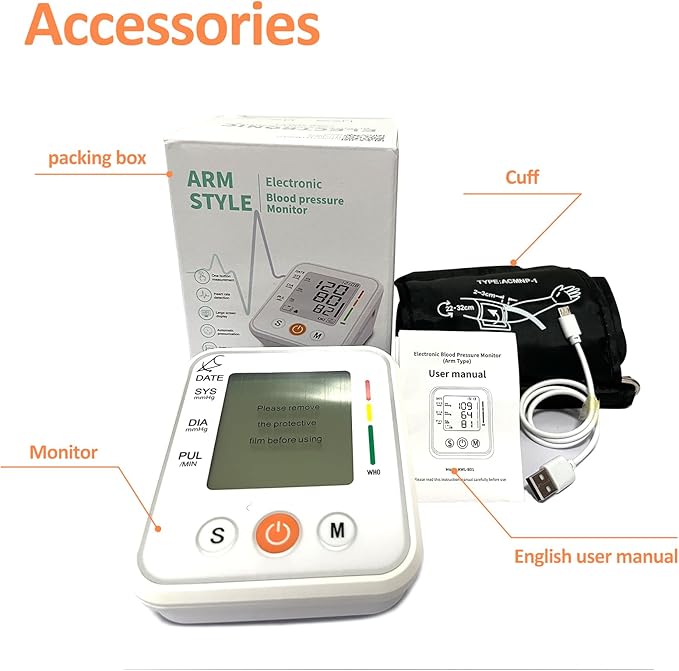 Arm Type Electronic Blood Pressure Monitor,Automatic Accurate Measurement,Large Screen and Large Character,Charging Model Device with USB Cable,2 * 99 Memory,Simple Operation