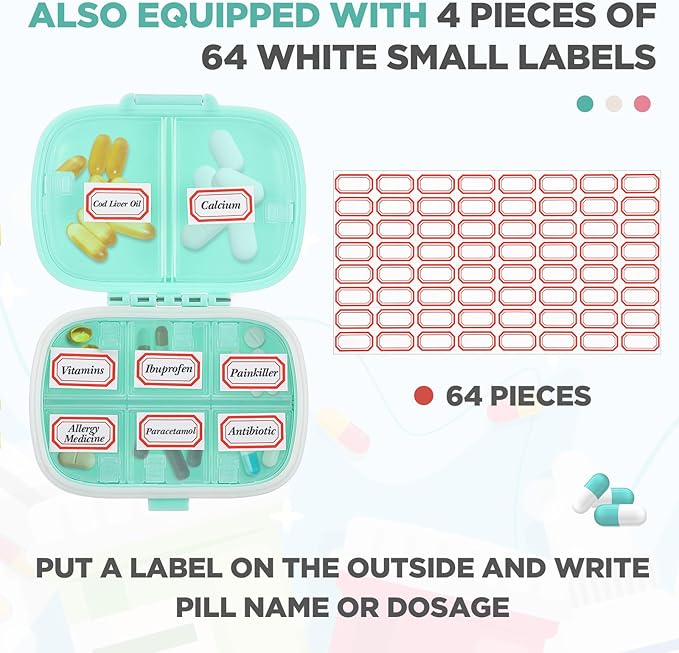 Layhit 30 Pcs Travel Pill Organizer Bulk with Labels Portable Daily Pill Dispenser 8 Compartments Medicine Storage Case for Vitamins, Fish Oils, Supplements (White,Pink,Green)