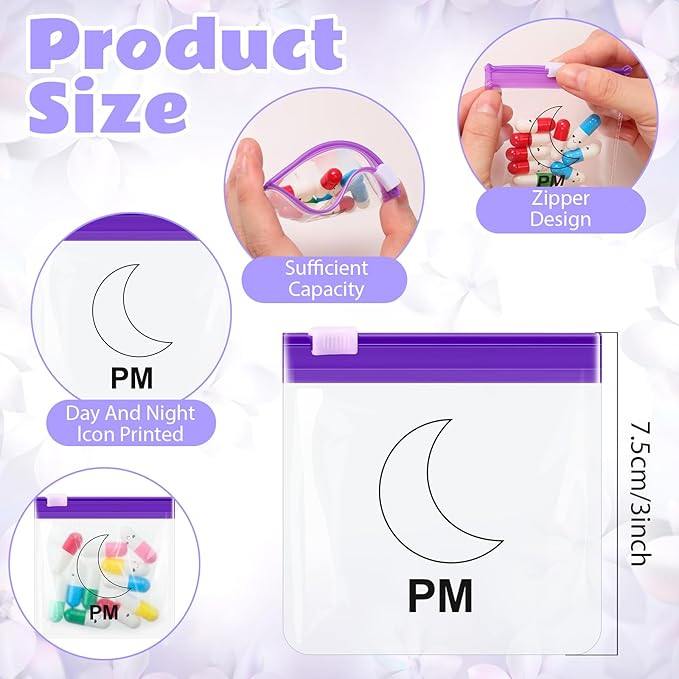 24 Pieces Pill Pouch Bags Zippered Pill Pouch Set Reusable Translucent Medicine Organizer Self Sealing Medicine Bag Travel Plastic Pill Bags with Slide Lock Pill Baggies for Pills (Purple, Clear)