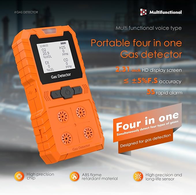 Portable 4 Gas Monitor Multi Gas Detector，Portable Gas Detector Rechargeable 4 Gas Monitor Ex H2s Co O2 with LCD Display Sound Light Shock confined Space air Monitor (Orange)