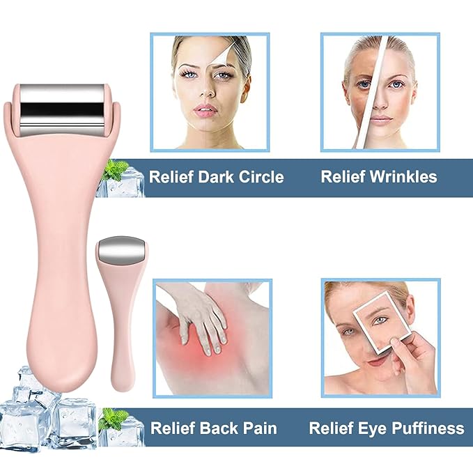Ice Roller for Face & Eye, Facial Roller and Eye Massager Roller, Ice Roller for Body, Face, Tighten Pores, Migraine Relief Pain Relief Eye Puffiness Relief for Women - Face and Eye Roller 2PCS (Pink.