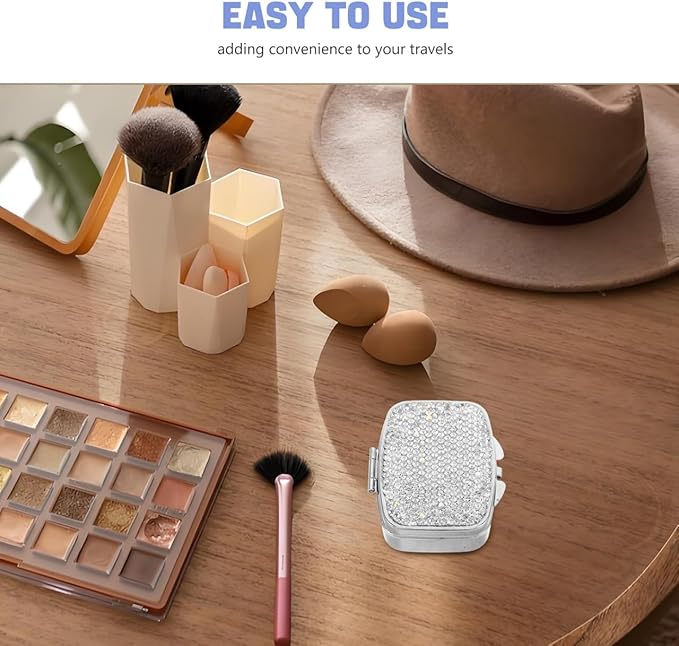 Portable Mini Pill Organizer Elegant Rhinestone 2 Compartment Crystal Small Pill Box Travel Medicine Case for Vitamins Liver Oil
