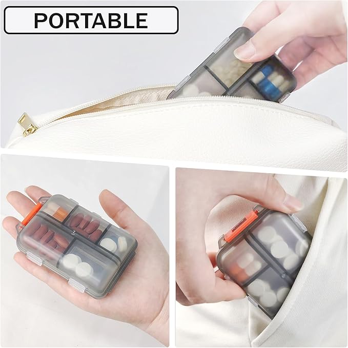 Travel Pill Organizer Portable Pocket Pill Case Small Pill Box for Purse Medicine Organizer Have 10 Compartments Storage Vitamin Fish Oil by INVODA (1PCS Gray+Lables)
