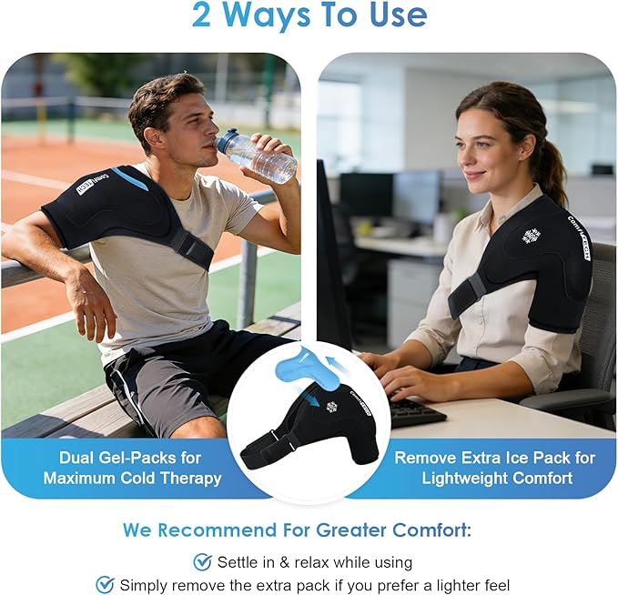 ComfiTECH Dual-Gel Shoulder Ice Pack Wrap with Extended 30-Minute Cooling for Rotator Cuff & Arm, Flexible Cold Compression Sleeve Shoulder Brace for Post-Workout, Discomfort, Muscle Relaxation, L