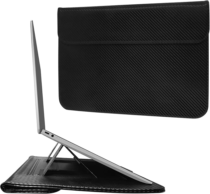 JXE JXO Faraday Bag for Laptops & Tablets, 14 Inch Laptop Sleeve Case with Laptop Stand, 2 Stand Modes, Slim Waterproof PU Leather Sleeve Cover Anti-Tracking Signal Blocking Pouch, Black