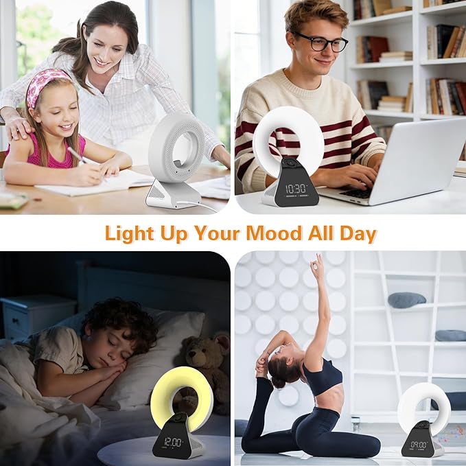 Voraiya Light Therapy Lamp 10000 Lux with Bluetooth, 8 White Noises, Dimmable Wake Up Light Sunrise Alarm Clock, 4 Timer Settings, Memory Function for Sensitive Sleepers and Home Office