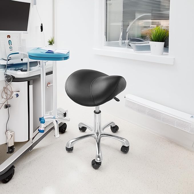 Saloniture Professional Ergonomic Saddle Stool, Black - Adjustable Hydraulic Seat, Rolling Spa Salon, Massage, and Medical Office Chair with Swivel Wheels
