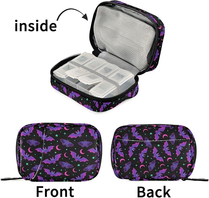 Travel Pill Organizer Bag Weekly Pill Organizer Case Goth Purple Bat Gothic Portable Small Daily Pill Boxes for Vitamin Fish Oils Supplement Holder with Zipper Compact Size