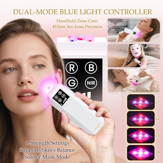 Red Light Therapy Mask for Face, LED Facial Mask, Skin Care Light with Near Infrared 850nm & Adjustable Blue Light, Portable Home Device with 7 Colors & 8 Modes, 432 Beads Pro LEDs (White-F)