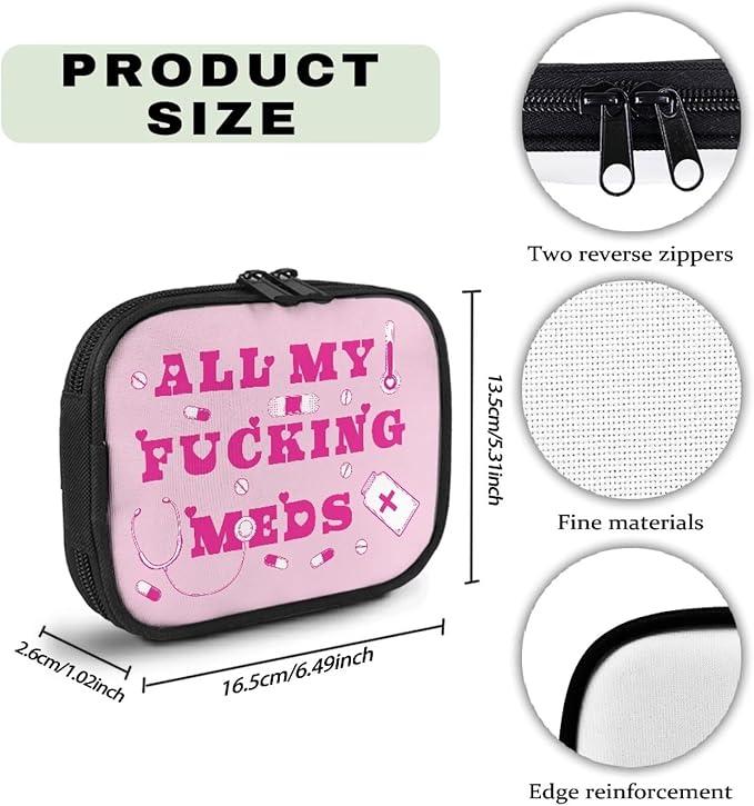 Pink Letters Print Pill Organizer Box Small Medicine Case with Zipper Travel Vitamin Storage Bag Weekly Supplement Holder for Daily Travel