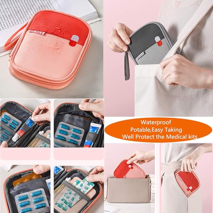 First Aid Kit Bag Empty Travel Medication Pouch Mini Zippered Oxford Medical Survival Kit Carrier Handy Medicine Pills Drugs Package Organizer with 3 Pocket+1 Main Holder-5.5x4.3x0.8Inch(Pink-S)