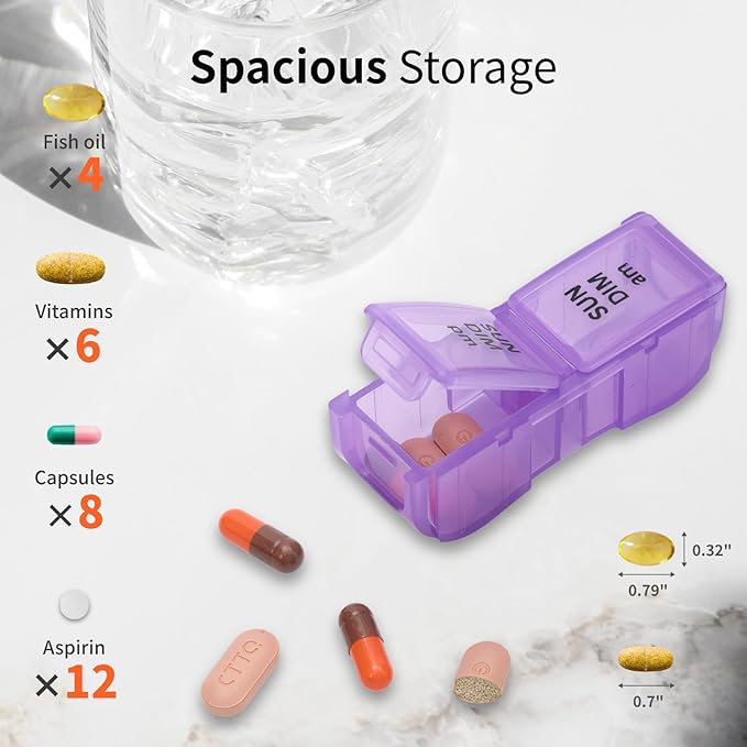 7-Day AM/PM Pill Organizer, Built-in Pill Cutter, Detachable Small Daily Pods, Portable Travel Case, Purse-Friendly, Rainbow Color