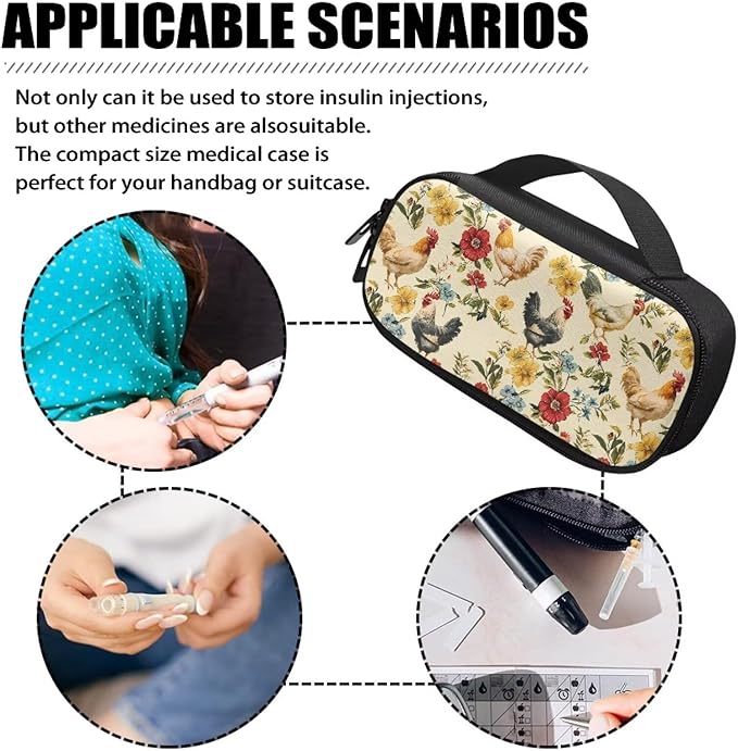 Retro Chicken Rooster Insulin Travel Case Diabetic Medication Cooler Bag with Handle to Store Insulin Pen, Lancets, Needles, Glucose Meter, Tester Strips, Easy to Use