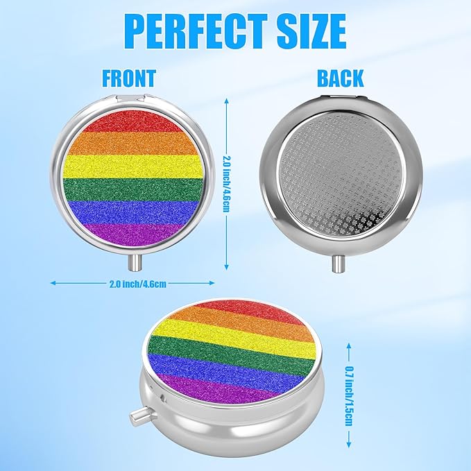 Pill Box, 3 Compartments Small Pill Case Travel Portable Metal Medicine Box with Mirror Mini Container for Purse Pocket Women Men(LGBTQ Rainbow Flag)