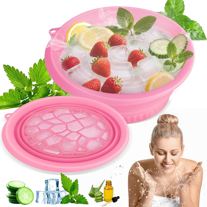 Face Bowl for Ice With Built-in Ice Tray Collapsible Silicone Facial Face Ice Bath Bowl Small Reusable Cold Plunge Basin is Portable,Perfect for Home Use,Camping,Travel Cold Bath Spa Tool & Pink