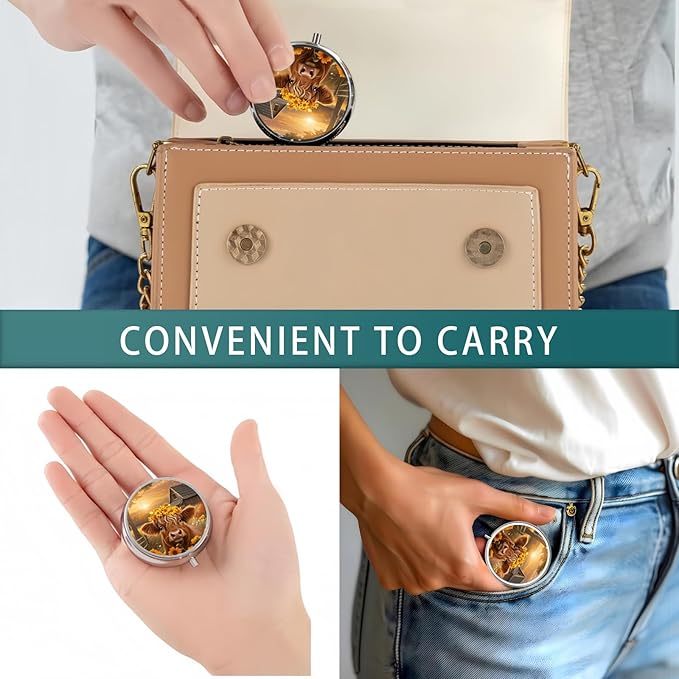 Pill Box 3 Compartment Pocket Small Pill Organizer Mini Metal Pill Holder Travel Portable for Man Woman Old People and Children - Highland Cow