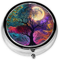 Magic Fantasy Tree Moon Art Print Round Metal Pill Box with 3 Compartment for Pocket or Purse Travel Bag Mini Small Size 2 inche